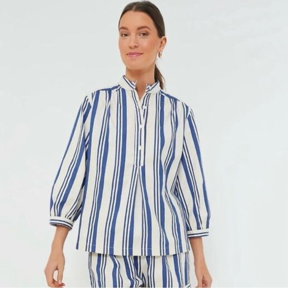 Tuckernuck Blue and White Striped Puff-Sleeve Blouse